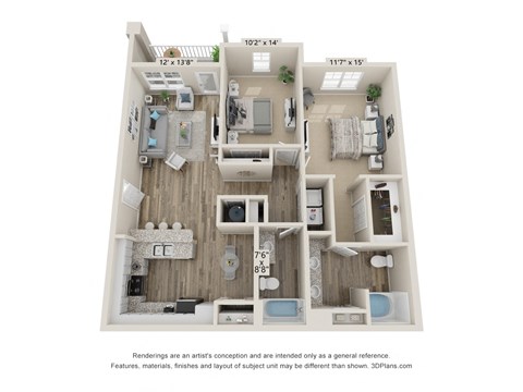 Floor plan for 2 beds, 2 baths, 1211 sqft
